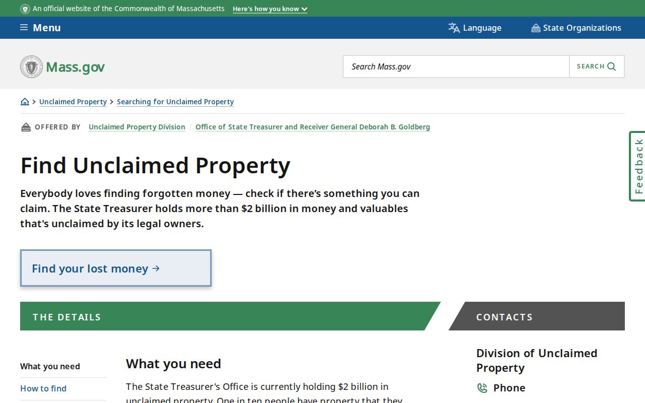Hampden County residents directory Massachusetts unclaimed property search information