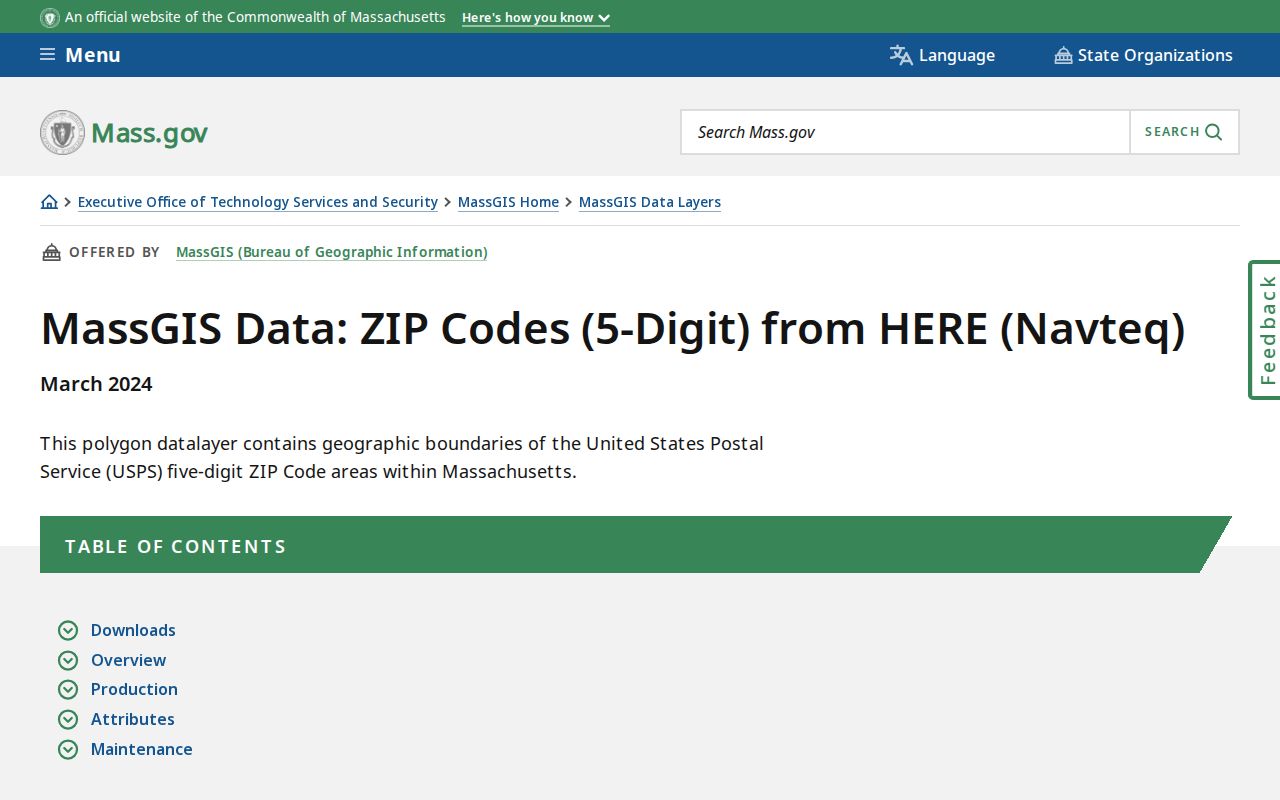 Hampden County ZIP code directory MassGIS layer
