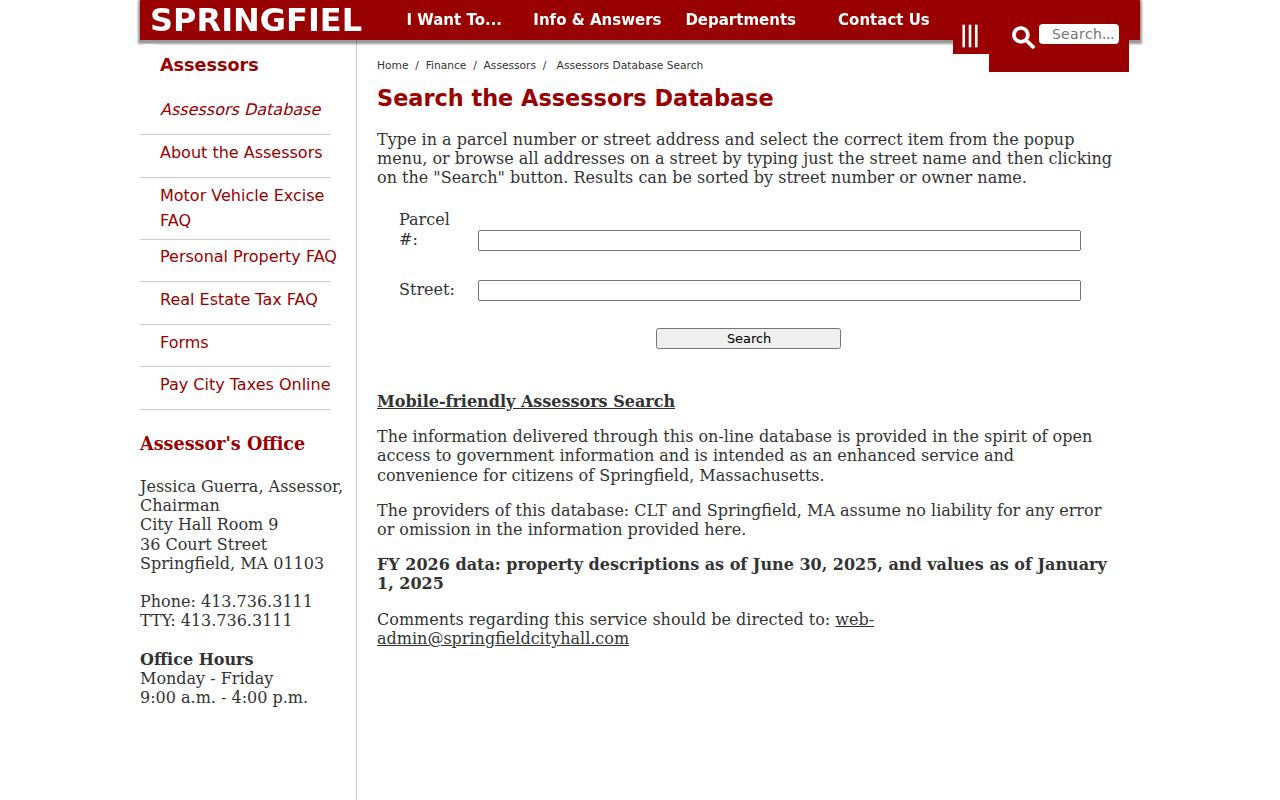 Hampden street directory Springfield Assessor parcel and street search controls