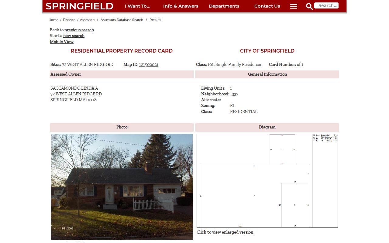 Hampden street directory Springfield parcel card with situs and property fields